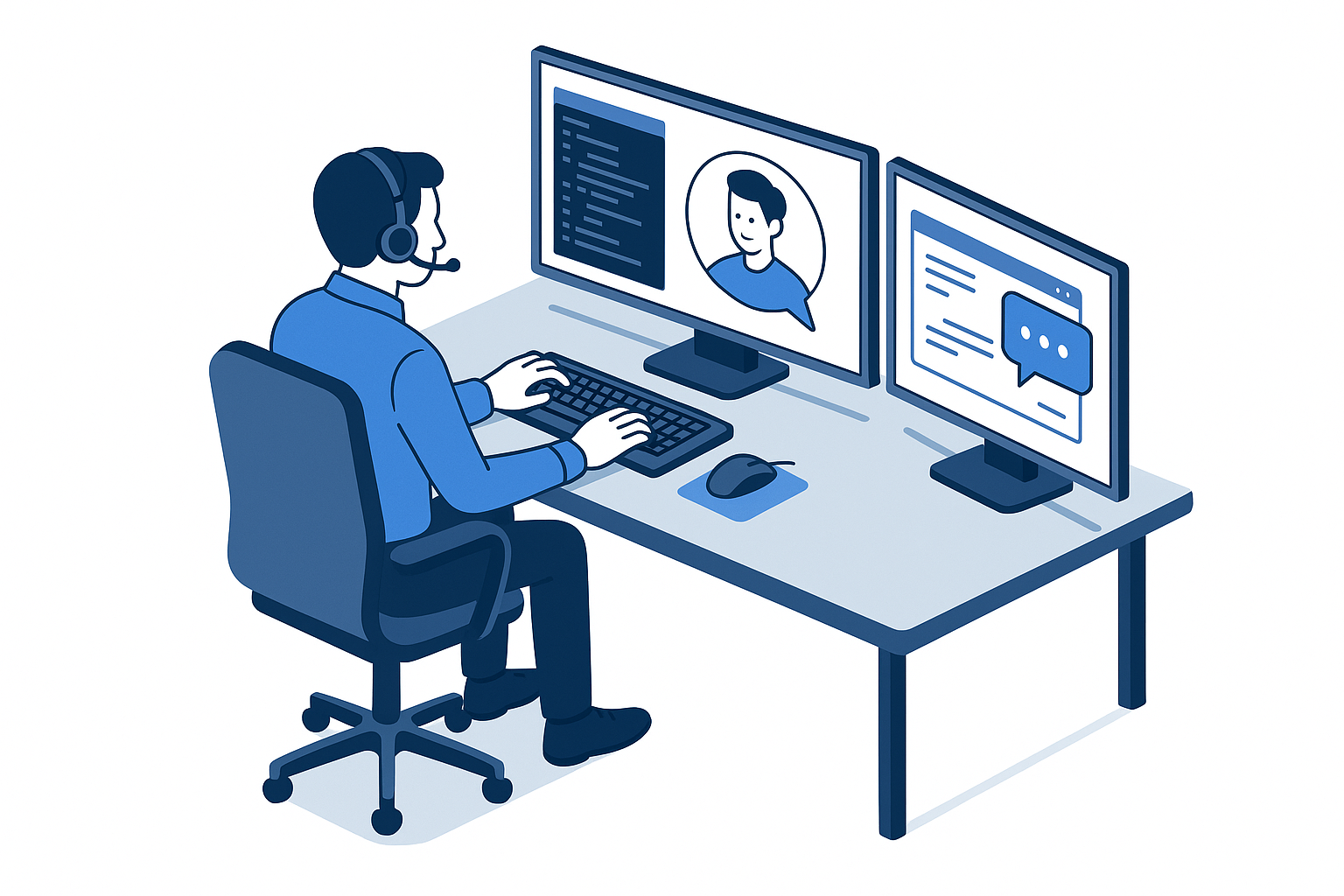 Technicien helpdesk en assistance utilisateur avec casques et écrans